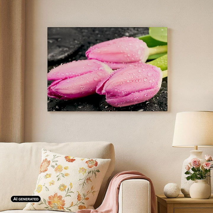 Bilder auf Leinwand Tulpen Tau Steine Pflanze Leinwandbild 70x50cm Wandbilder Dekoration Wohnzimmer