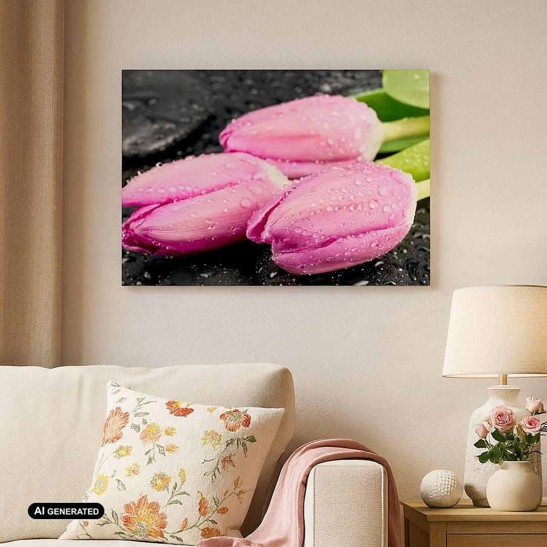 Bilder auf Leinwand 100x70cm Leinwandbild Tulpen Tau Steine Pflanze Gross Wanddeko Bild Schlafzimmer