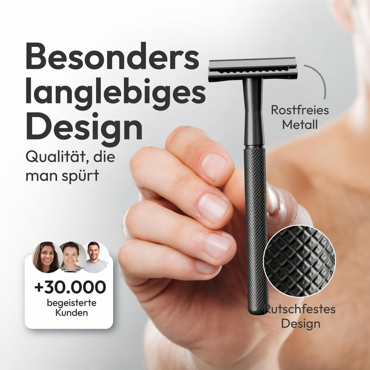 ANYMALE® Rasierhobel Black Edition - Set mit Ständer und 5 ASTRA Klingen - Zero Waste Rasierer für D
