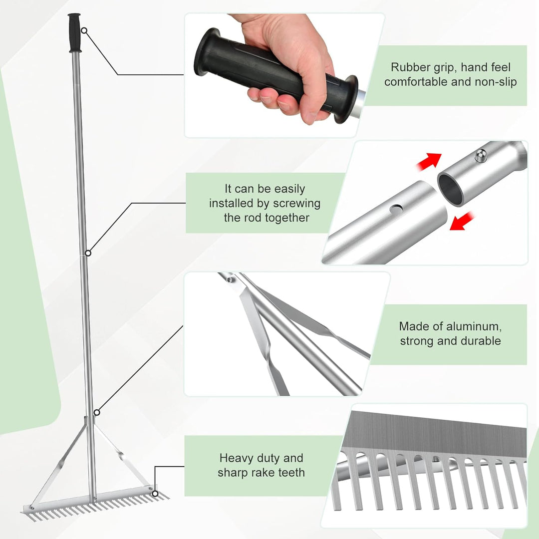 EFUTURETIME 61cm Rechen, Harke Garten mit 170cm Stiel, Gartenrechen Leicht aus Aluminium, Rasenreche