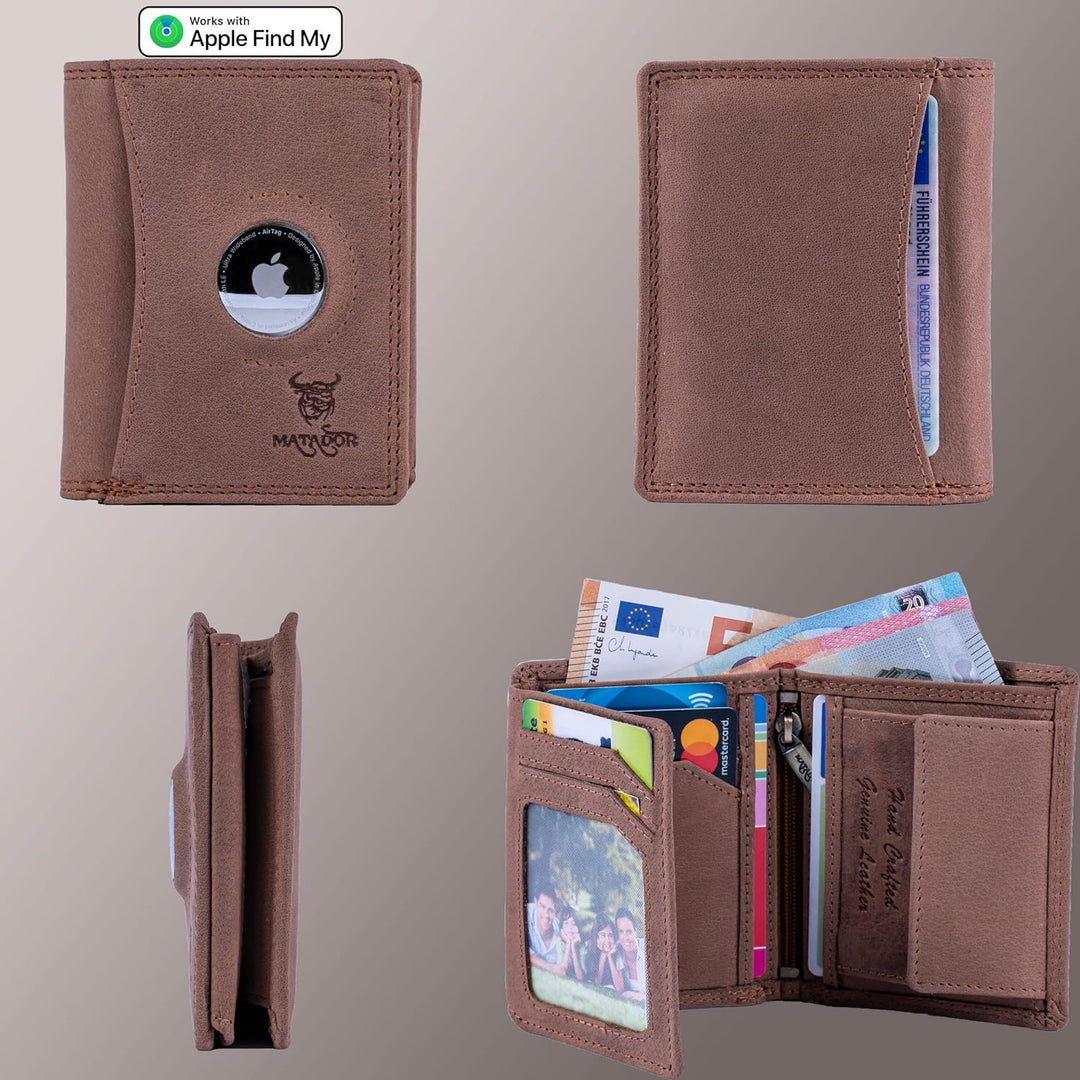 MATADOR Leder Geldbörse Herren mit AirTag Fach┃TüV geprüfter RFID & NFC Schutz┃Kompaktes Slim Wallet
