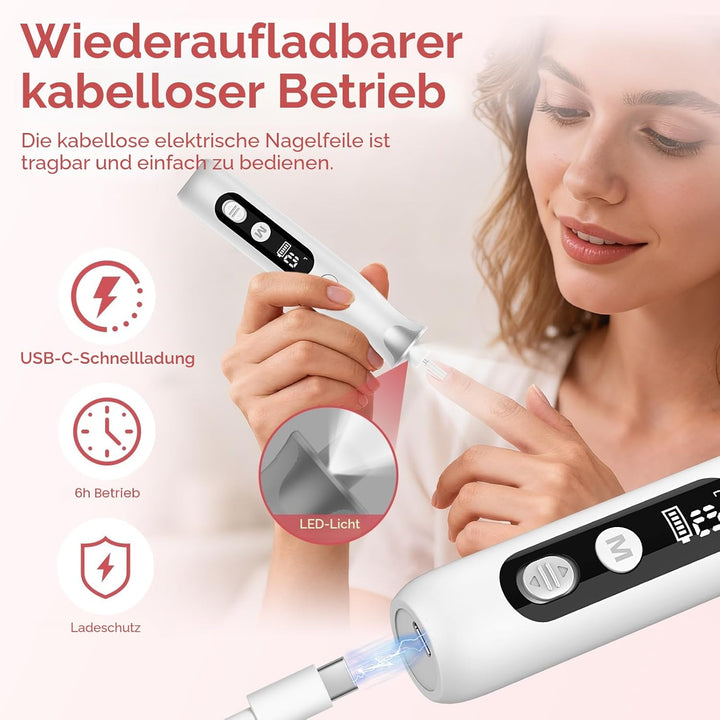 Maniküre/Pedikure Set elektrisch, Nagelfelile, Nagelfraser und Hornhautentfemer mit 10 Aufsatze zur