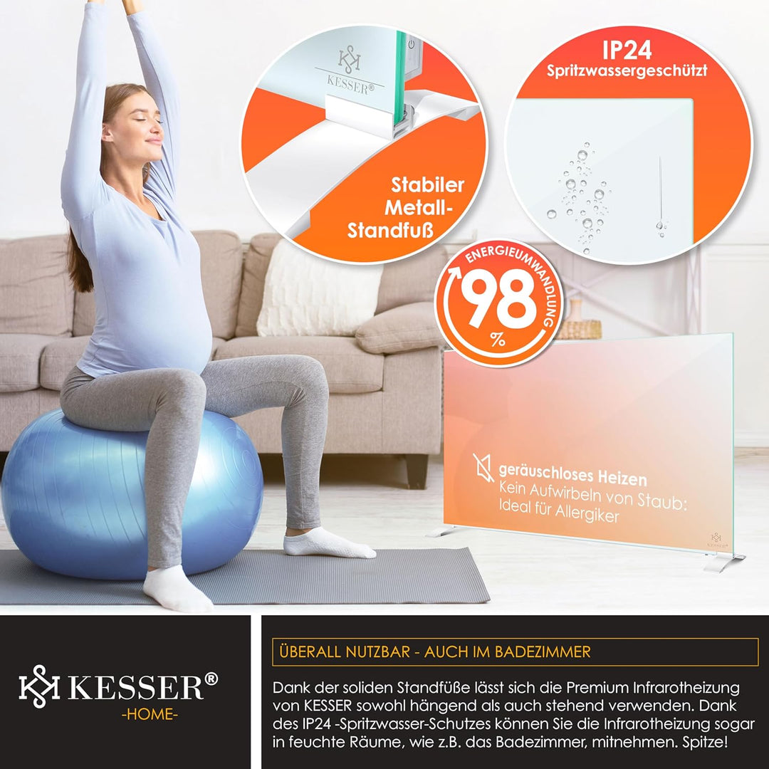 KESSER® Infrarotheizung 500W Glaskonvektor Glasheizung Energiesparend 2in1 Standgerät & Wandmontage