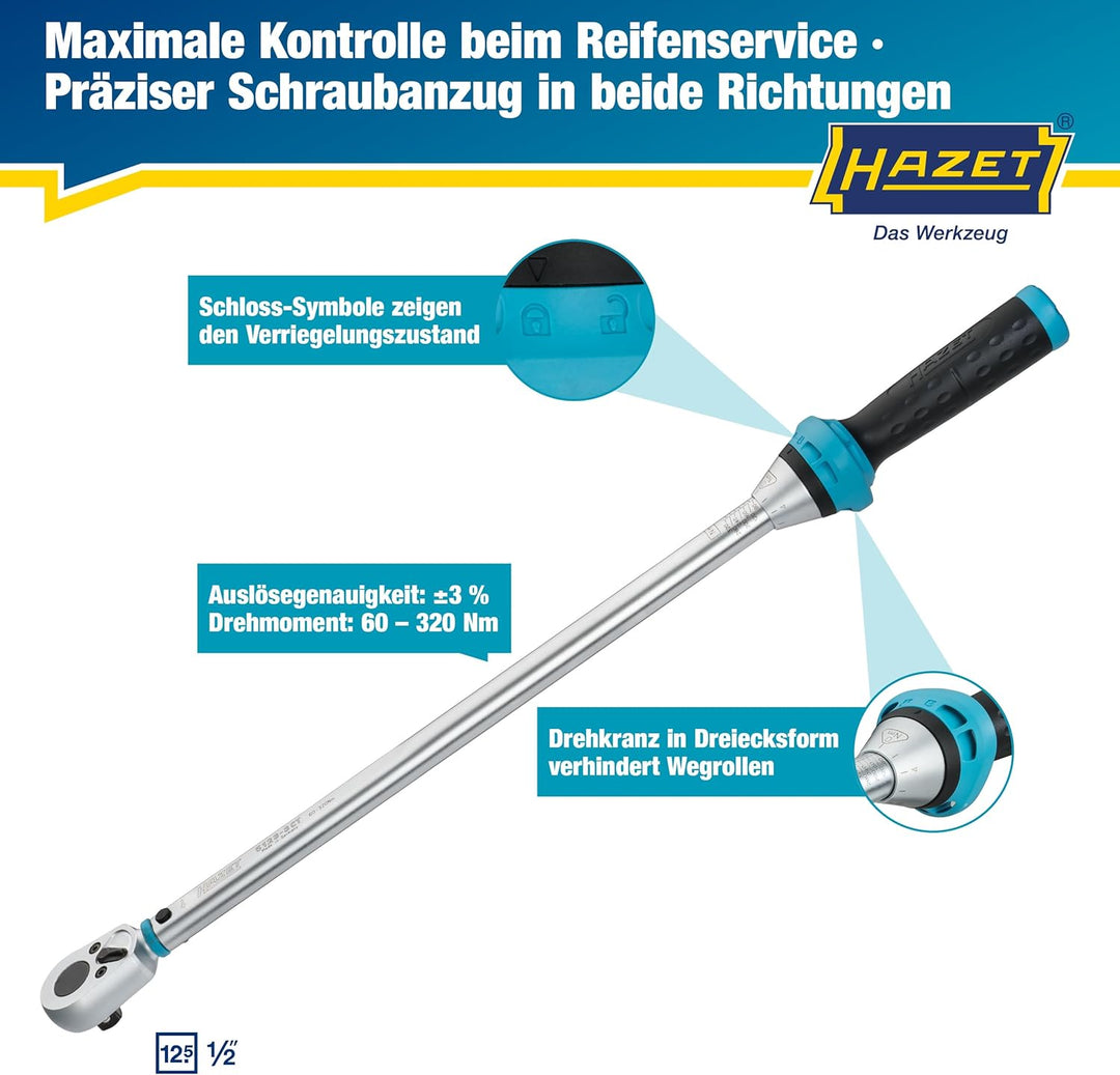 HAZET Drehmomentschlüssel 1/2 Zoll 5123-3CT, 60 – 320 Nm, Abtrieb: Vierkant 12,5 mm, Toleranz: 3 %,