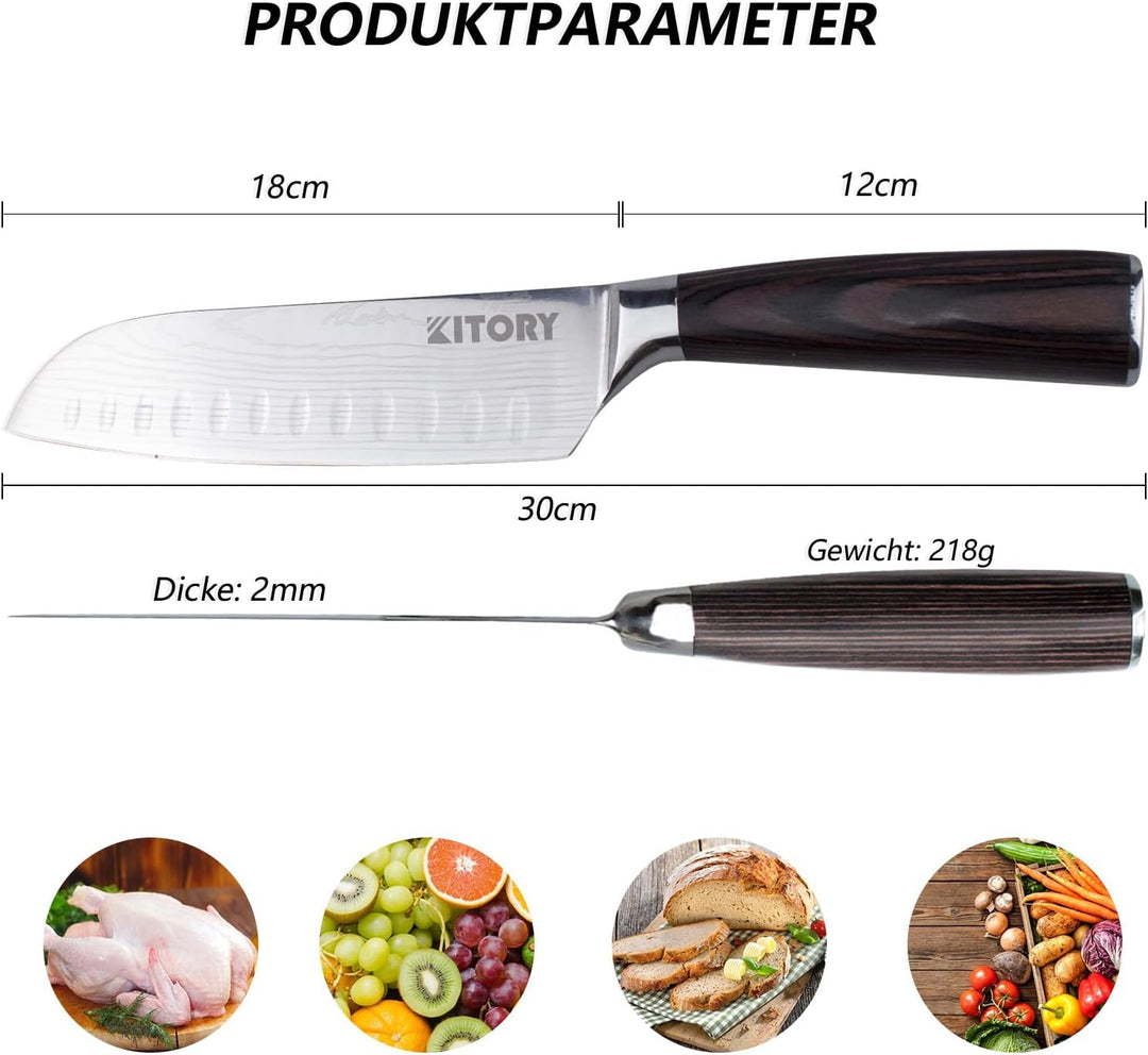 Kitory Santokumesser Kochmesser Klingenlänge 17 cm, Scharfer Santoku Messer Küchenmesser Ergonomisch