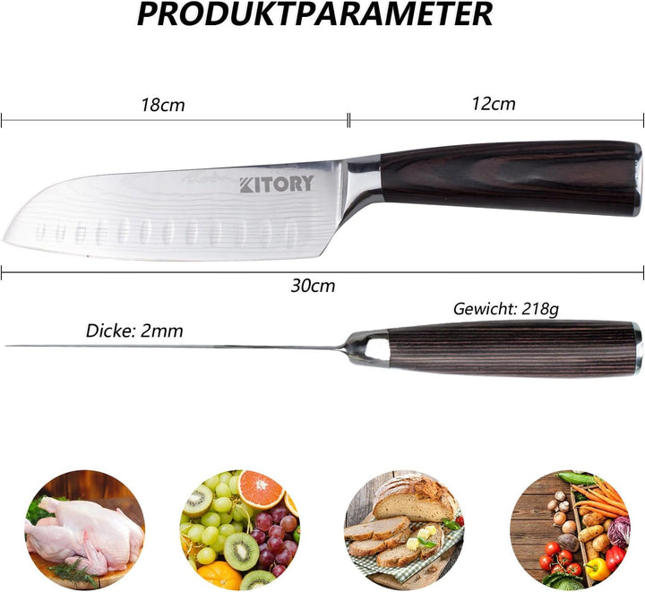 Kitory Santokumesser Kochmesser Klingenlänge 17 cm, Scharfer Santoku Messer Küchenmesser Ergonomisch