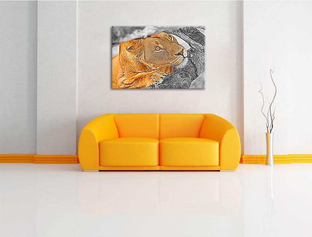 listige Löwin schwarz/weiss Deluxe Format: 100x70 cm auf Leinwand, XXL riesige Bilder fertig gerahmt