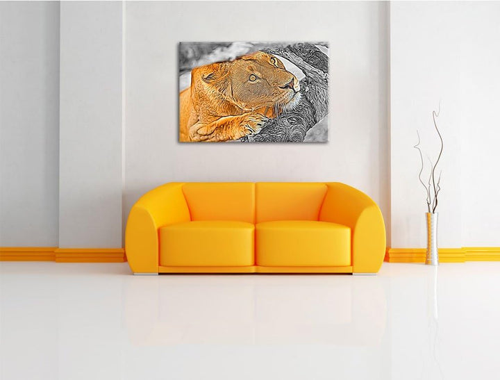 listige Löwin schwarz/weiss Deluxe Format: 100x70 cm auf Leinwand, XXL riesige Bilder fertig gerahmt