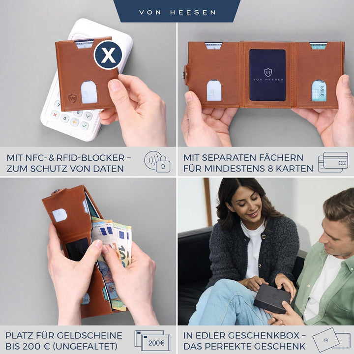 VON HEESEN Slim Wallet mit XXL Münzfach & RFID-Schutz - Leder Geldbeutel - Mini Geldbörse für Herren