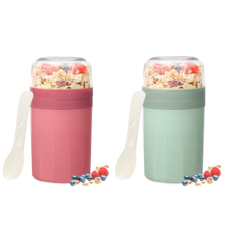 Bugucat Müslibecher to Go 520ML+250ML 2er,Praktischer Joghurtbecher mit Löffel, Auslaufsicher Müsli