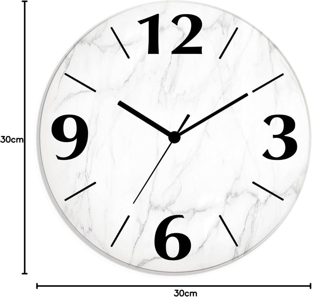 ARTLAND Wanduhr ohne Tickgeräusche aus Glas Funkuhr Ø 30 cm Rund Lautlos Ø 30 cm Weisse Marmor Stein