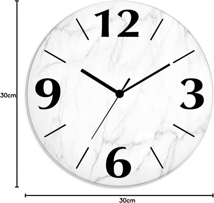 ARTLAND Wanduhr ohne Tickgeräusche aus Glas Funkuhr Ø 30 cm Rund Lautlos Ø 30 cm Weisse Marmor Stein
