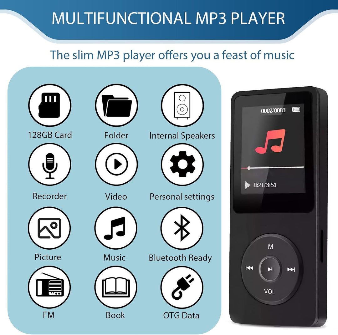 128GB MP3 Player Bluetooth 5.3 mit Lautsprecher, inkl. 128GB Speicherkarte, 1,8 Zoll TFT Musikplayer