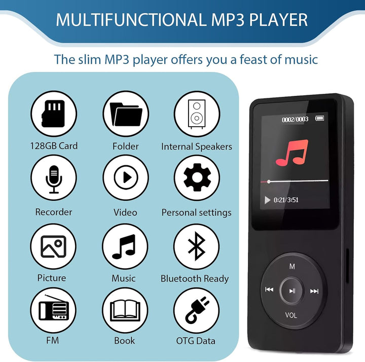128GB MP3 Player Bluetooth 5.3 mit Lautsprecher, inkl. 128GB Speicherkarte, 1,8 Zoll TFT Musikplayer