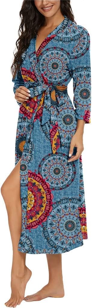 PrinStory Damen Bademantel Leichter 3/4 Ärmeln Morgenmantel V-Ausschnitt Kimono Roben Langes Nachtwä