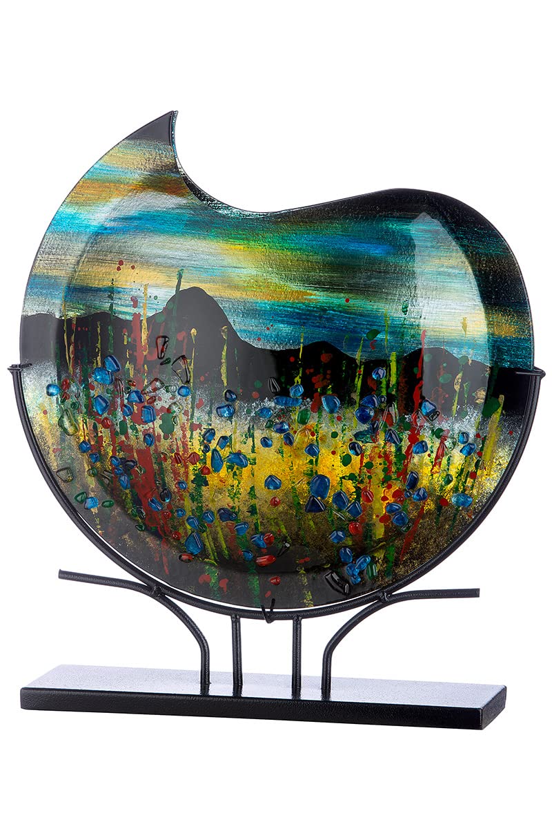 GILDE GLAS art Deko runde Vase XL auf schwarzem Metall Fuss - handbemalt mit Glaselementen - Kunstob