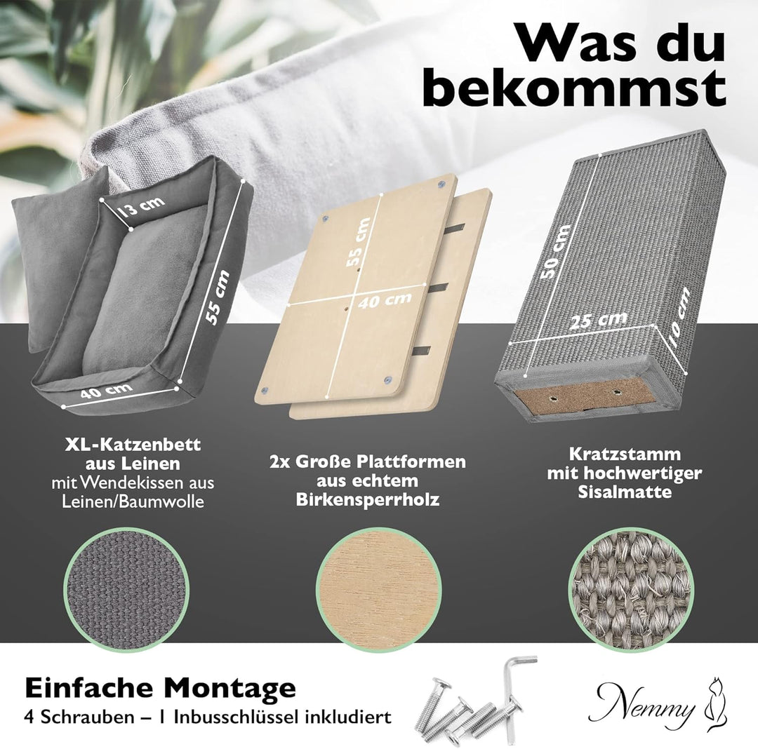 Nemmy Premium Kratzbaum klein grau | Stabiler Kratzstamm extra breit | Katzenbett mit Kissen | Katze