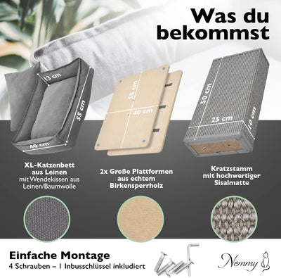 Nemmy Premium Kratzbaum klein grau | Stabiler Kratzstamm extra breit | Katzenbett mit Kissen | Katze