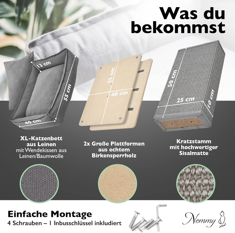 Nemmy Premium Kratzbaum klein grau | Stabiler Kratzstamm extra breit | Katzenbett mit Kissen | Katze