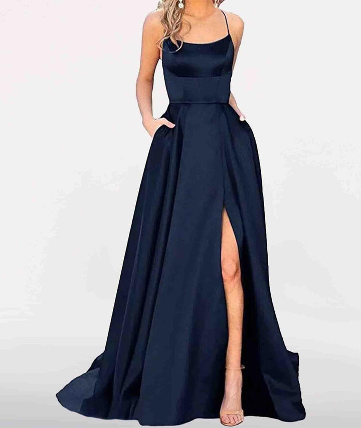 xxxiticat Damen Elegant Lange Ballkleider mit Taschen Satin A-Linie Backless Hochzeitskleid Abendkle