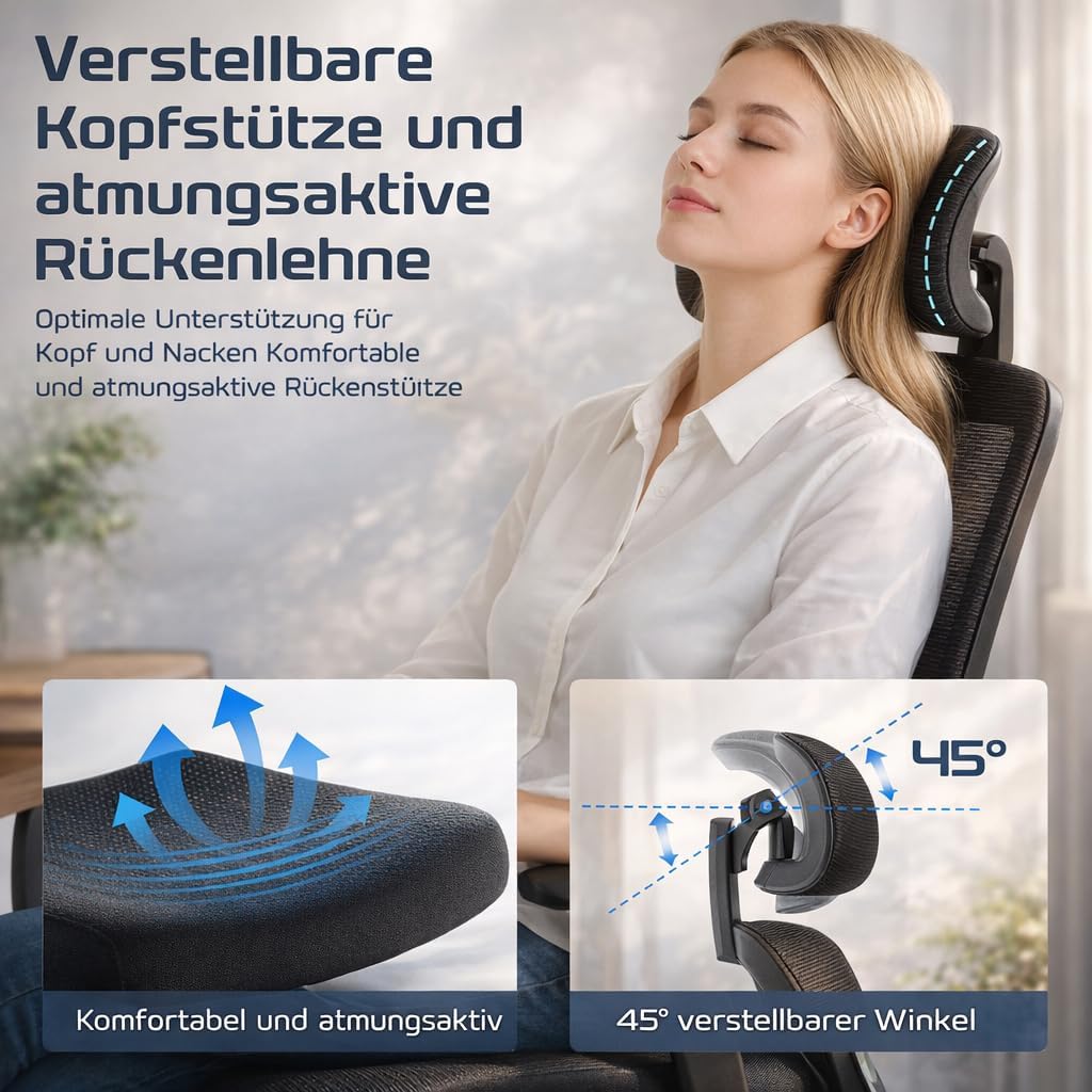 DUMOS Bürostuhl Ergonomisch, Gaming Stuhl mit Verstellbarer Kopfstütze, Armlehnen Schreibtischstuhl,