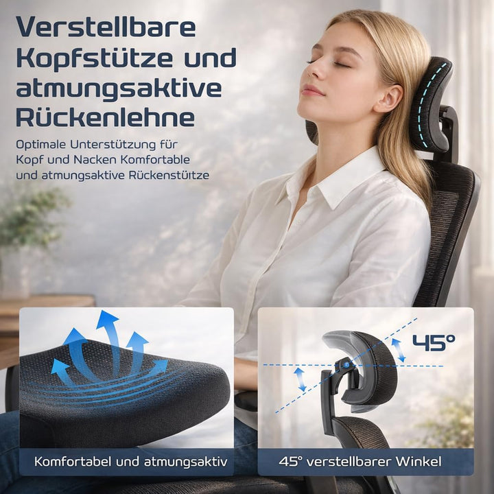 DUMOS Bürostuhl Ergonomisch, Gaming Stuhl mit Verstellbarer Kopfstütze, Armlehnen Schreibtischstuhl,