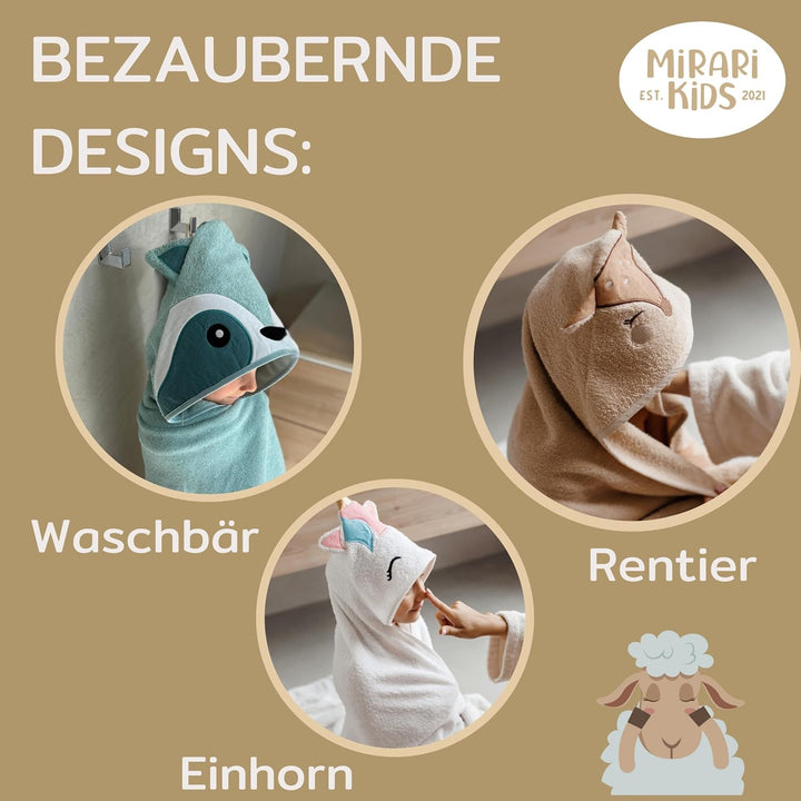 Babyhandtuch mit Kapuze und Waschlappen 100x100 cm – Handtuch Rentier aus 100% Baumwolle - REH Badet