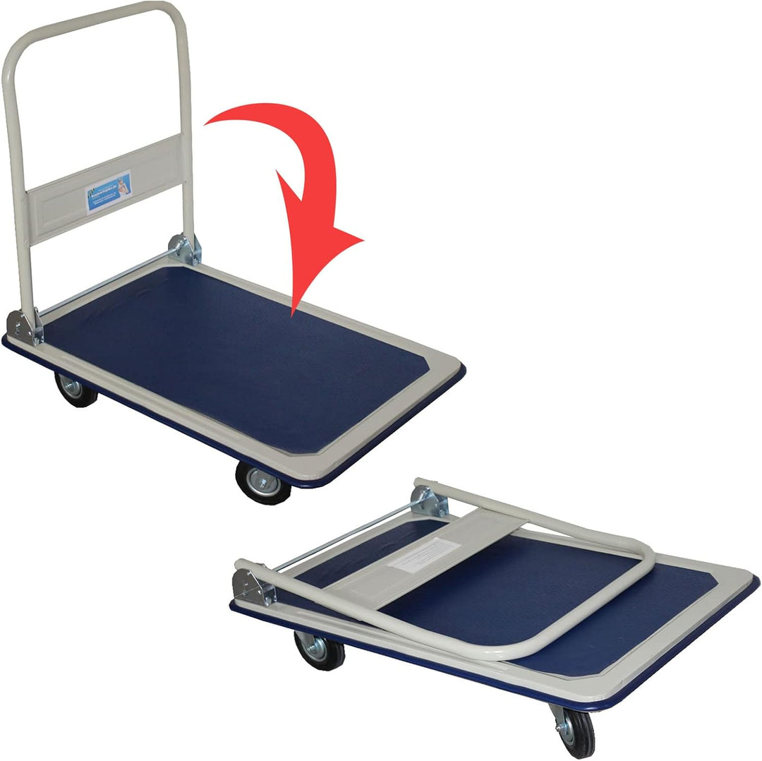 Plattformwagen mit grosser Ladefläche belastbar bis 300 kg mit klappbarem Griff und Zwei Lenkrollen,