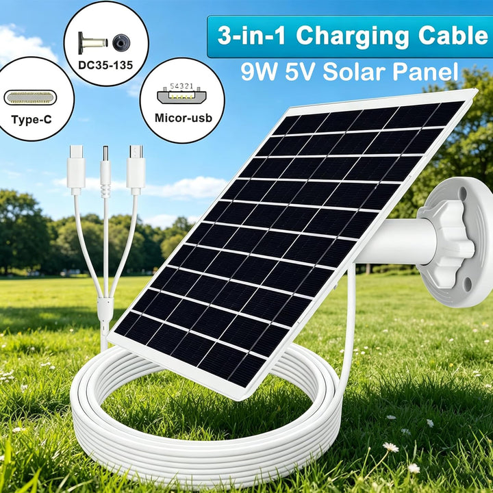 9W/5V Solarpanel für Überwachungskamera mit 4m, 3-in-1-Ladekabel (Micro-USB,Typ-C und DC 3,5 x 1,35