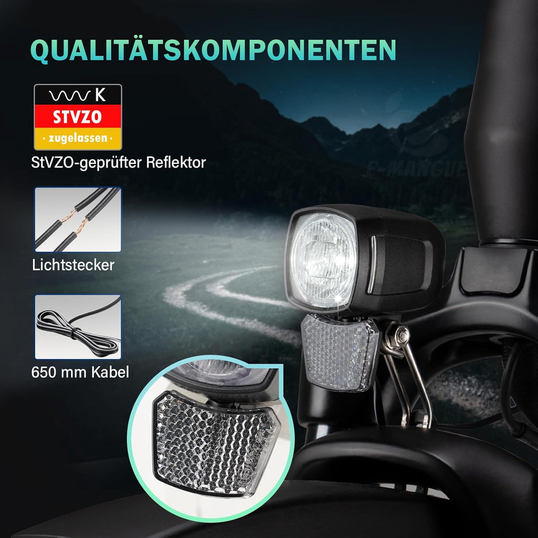 E-Bike Dynamo LED Fahrradlicht Vorne, 30-120 LUX StVZO Zulassung Frontlicht, Fahrradlicht mit Reflek