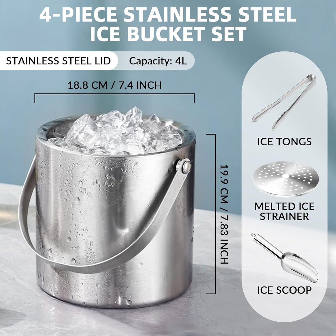 4L Eiswürfelbehälter mit Deckel, Edelstahl Doppelwandiger Eiskübel Set mit Sieb Eiszange Eisschaufel