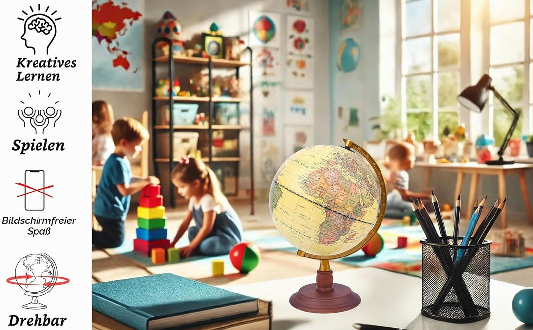 Exerz 20cm Antiker Globus Mit Holzfuss - Englische Karte - Für Kinder Büro Deko - Schülerglobus Mord