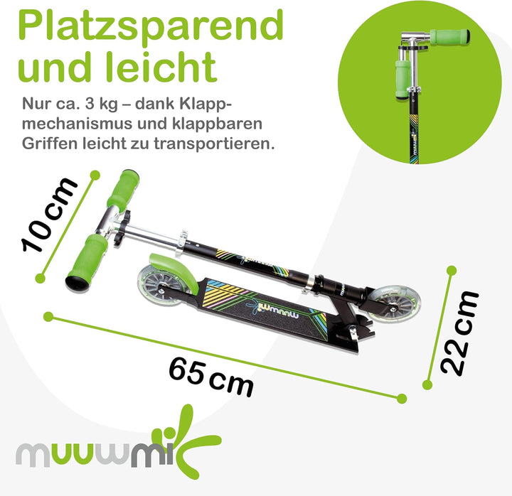 muuwmi Aluminium Scooter – Tretroller, 125 mm, ABEC 5, GS geprüft, höhenverstellbar Grün/Schwarz, Gr