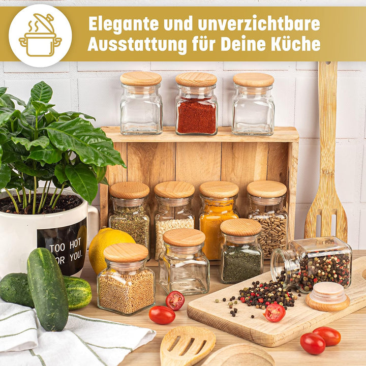 EVADUESS Gewürzgläser mit Holzdeckel, 150ml x 12, Aufbewahrungsgläser, Gewürzdosen, Gewürzset, Gewür