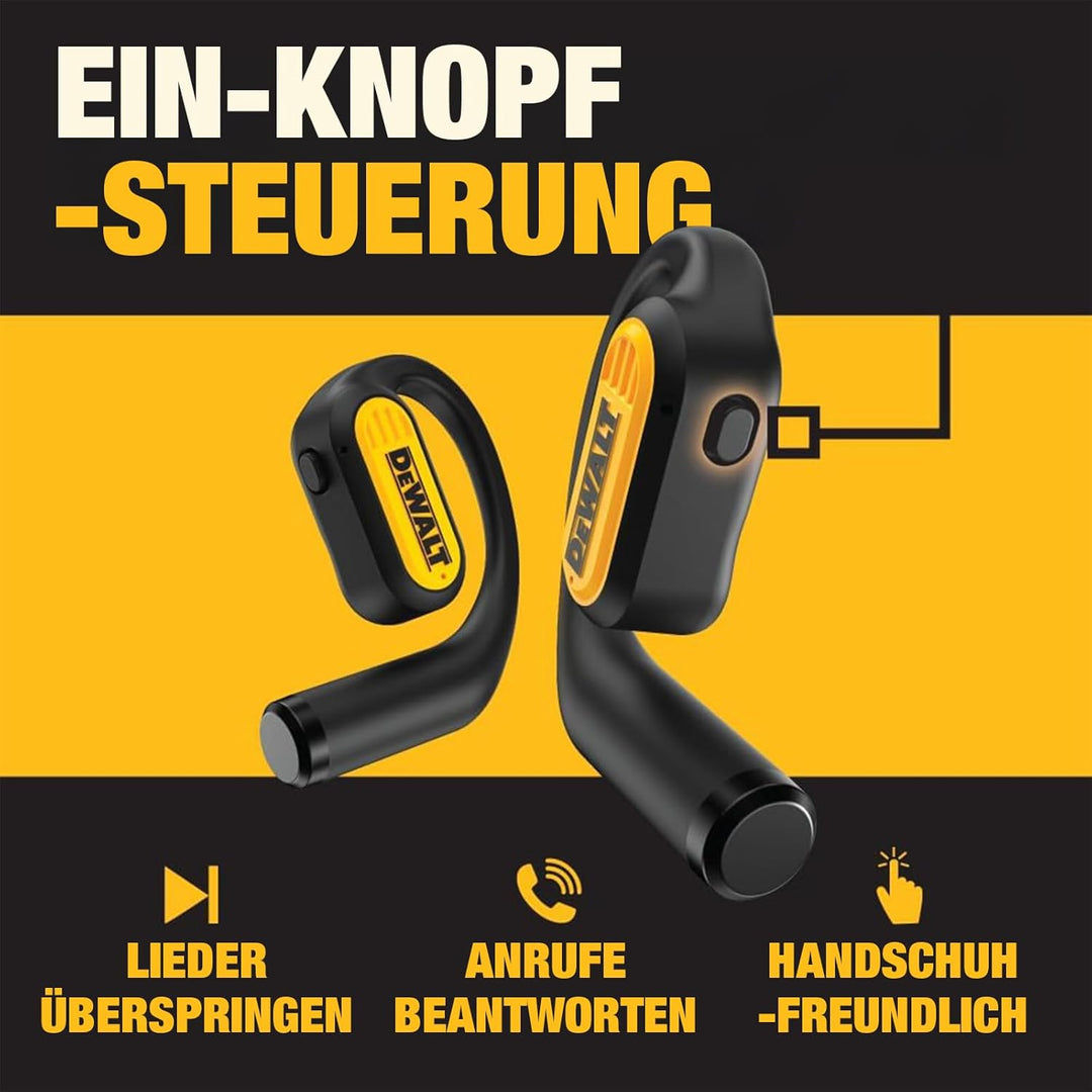 DEWALT Heavy Duty Open Ear Kopfhörer Bluetooth 5.3 Kabellose In-Ear Ohrhörer IP55 44 Std. Akkulaufze