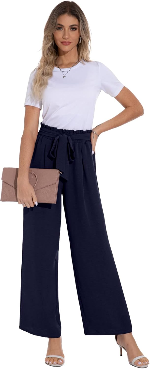 PrinStory Damen Hose Mit Weitem Bein Leichte Elastische Taille Sommer Hose Mit Taschen Kausale Arbei