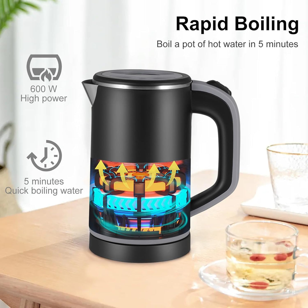 Towwoo 800ML Reisewasserkocher Klein, 600W 5 Minuten Schnelles Kochen Mini Edelstahl Wasserkocher, Ü