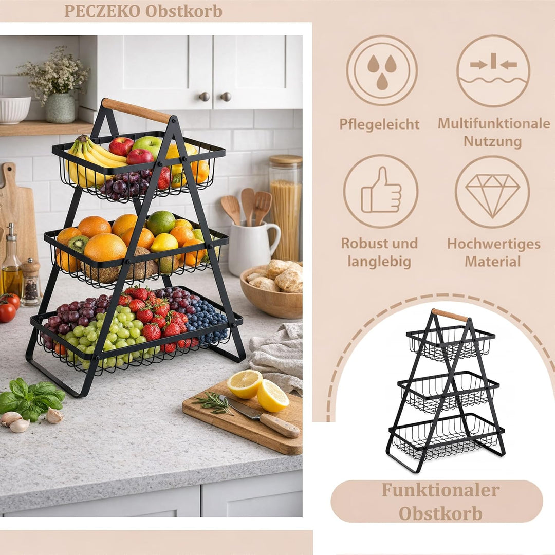 Dreistöckiger Obstkorb mit 3 Ebenen – Platzsparende Obstschale & Obsetagere aus Metall mit Holzgriff
