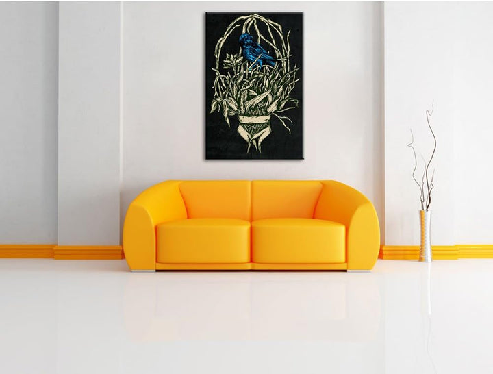 Dark Blue Bird black Bild auf Leinwand, XXL riesige Bilder fertig gerahmt mit Keilrahmen, Kunstdruck