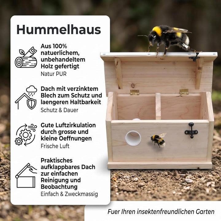 Mucola Hummelhaus aus Holz 28,5x15,5x17cm Hummelkasten Nistkasten | wetterfestes aufklappbares Dach