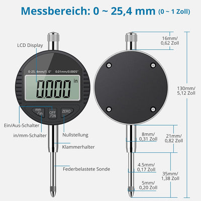 AUTOUTLET Digitale Messuhr mit 3M Micro Datenkabel, Digital Messuhr Messtaster 0-25.4mm/1''Messberei