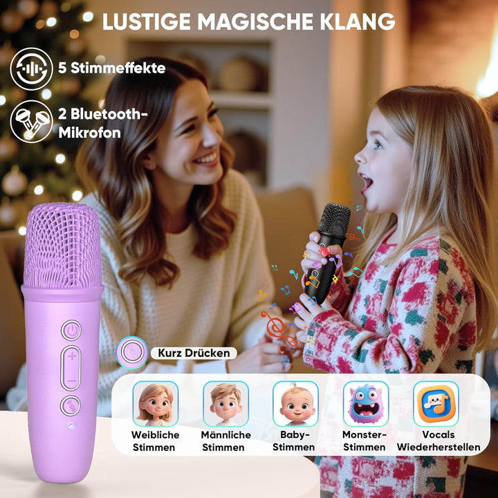 Karaoke Anlage mit 2 Bluetooth Mikrofonen, Musik Weihnachts Geschenke Spielzeug Mädchen 3-15 Jahre,