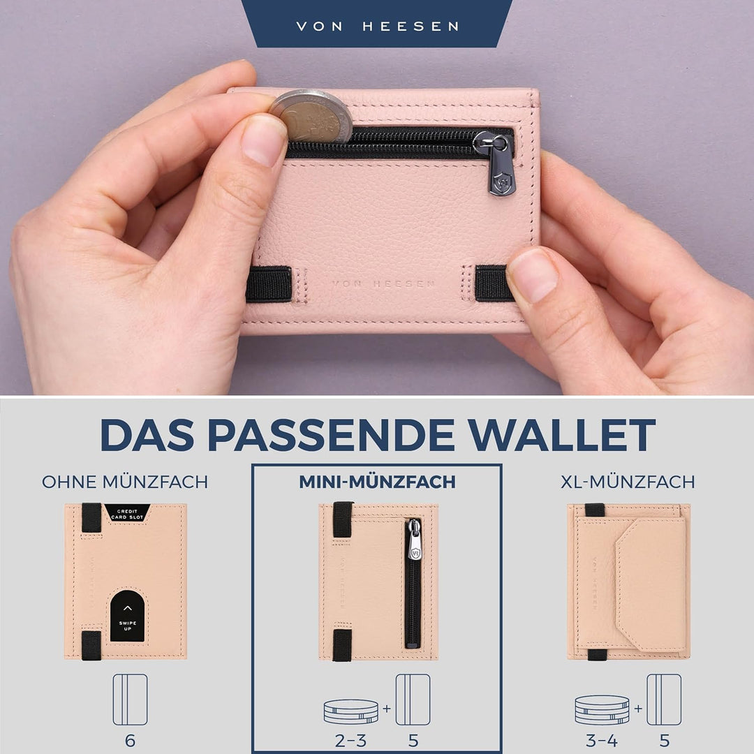 VON HEESEN Slim Wallet mit Münzfach &amp; RFID-Schutz - Leder Geldbeutel - Mini Geldbörse für Herren und