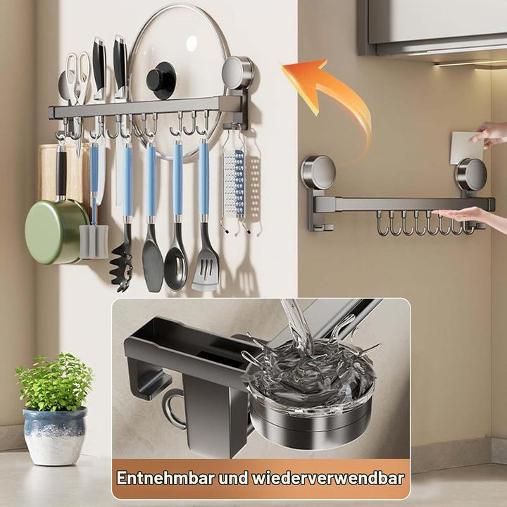 Hakenleiste Küche Ohne Bohren mit Saugnapf,Selbstklebende Hakenleiste mit 8 Abnehmbaren Haken, 40 cm