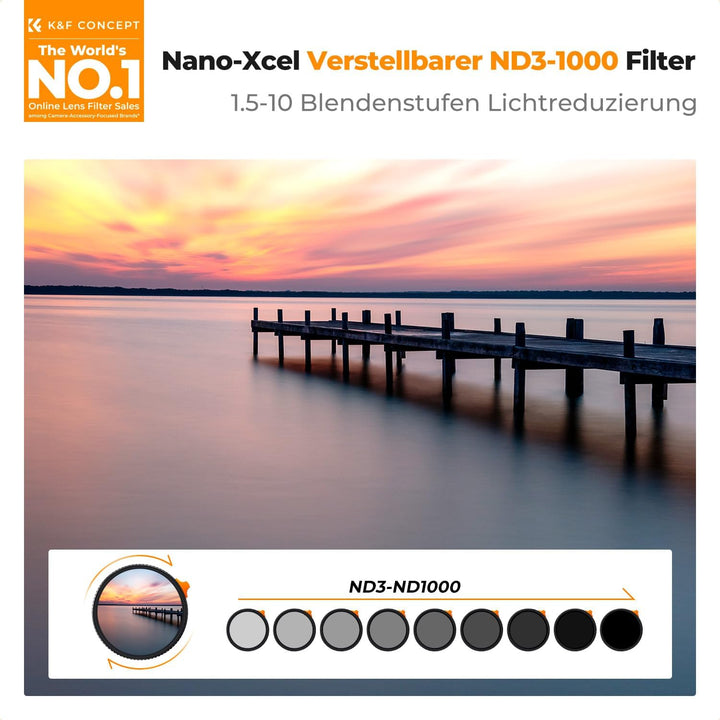 K&amp;F Concept Nano X-Serie Variabler ND Filter ND3-ND1000 Graufilter 55mm(1.5-10 Blendenstufen), 55mm