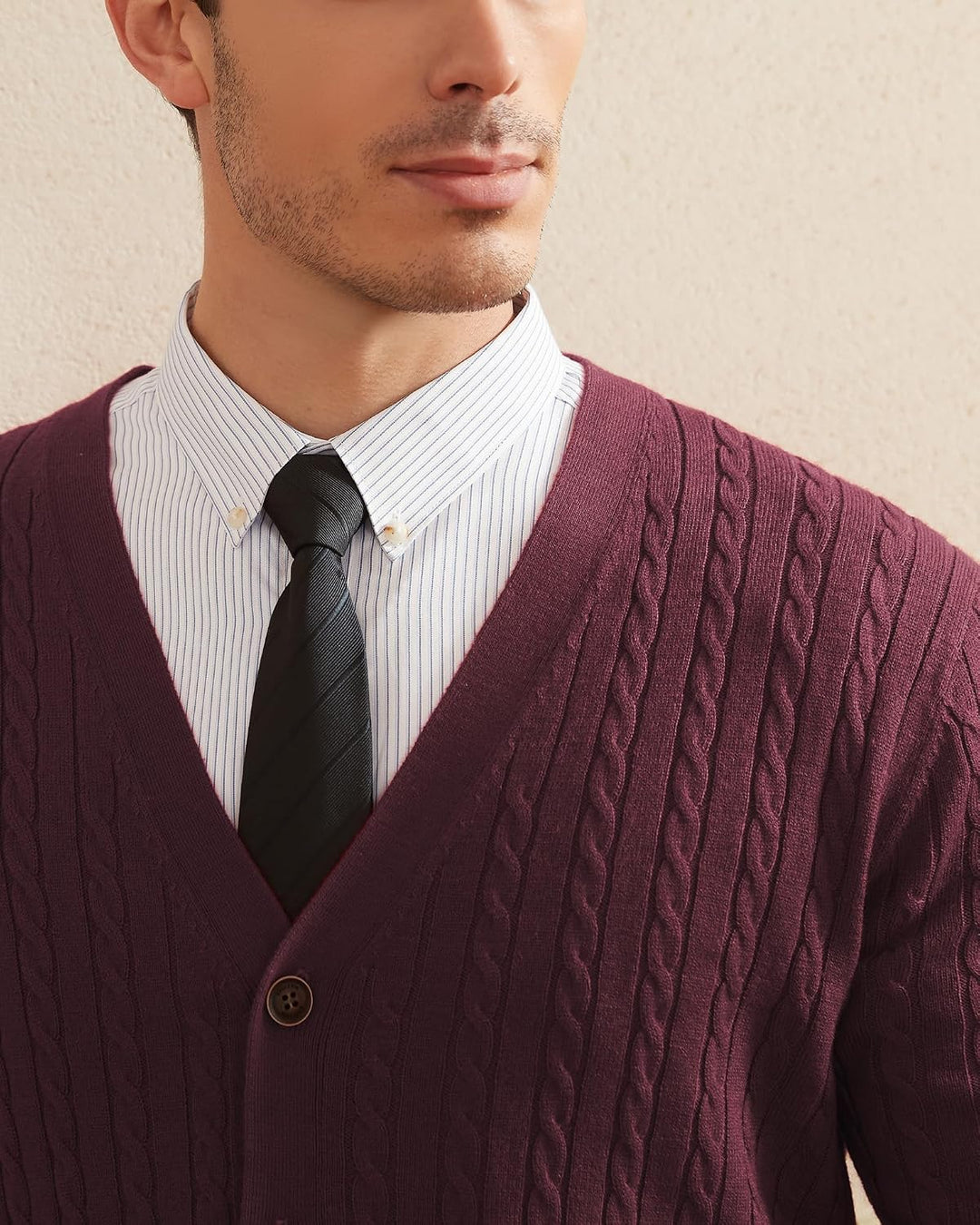 Kallspin Herren Strickjacke aus Wollmischung Zopfstrick Cardigan mit Knopfverschluss und Taschen L B