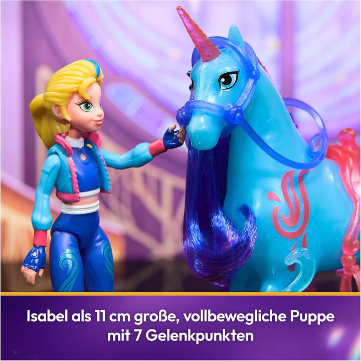 Unicorn Academy Set - Isabel und Einhorn River mit echter Mähne und Schweif sowie Bürste, ca. 12 cm