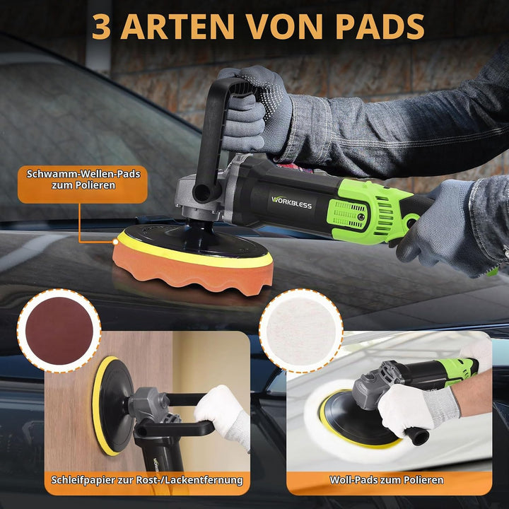 WORKBLESS Poliermaschine Auto, 1600W, 7 Variable Geschwindigkeit, 1600-3500 U/min, Autopolitur Set m