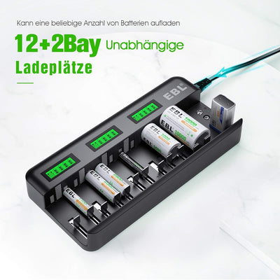 EBL 12+2 Bay Akku Ladegerät-Schnell Batterie ladegerät-für AA/AAA/C/D NI-MH/NI-CD Akku & 9V NiMH/NI-
