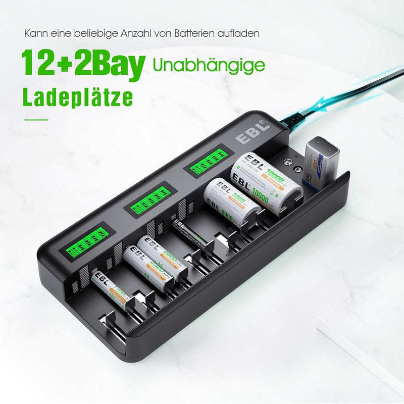 EBL 12+2 Bay Akku Ladegerät-Schnell Batterie ladegerät-für AA/AAA/C/D NI-MH/NI-CD Akku & 9V NiMH/NI-